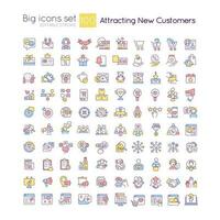 Attracting new customers RGB color big icons set. Marketing strategy to find clients. Isolated vector illustrations. Simple filled line drawings collection. Editable stroke used