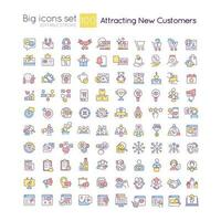 Attracting new customers RGB color big icons set. Marketing strategy to find clients. Isolated vector illustrations. Simple filled line drawings collection. Editable stroke used