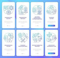 Data governance problems blue gradient onboarding mobile app screen set. Walkthrough 4 steps graphic instructions with linear concepts. UI, UX, GUI templated vector