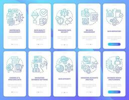 Info optimization process blue gradient onboarding mobile app screen set. Walkthrough 5 steps graphic instructions with linear concepts. UI, UX, GUI templated vector