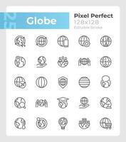 Globe pixel perfect linear icons set. World map. Planet friendly. Customizable thin line symbols. Isolated vector outline illustrations. Editable stroke