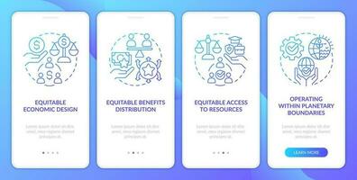 Characteristics of inclusive growth blue gradient onboarding mobile app screen. Walkthrough 4 steps graphic instructions with linear concepts. UI, UX, GUI templated vector