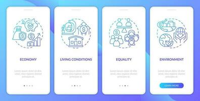 Elements of inclusive growth index blue gradient onboarding mobile app screen. Walkthrough 4 steps graphic instructions with linear concepts. UI, UX, GUI templated vector