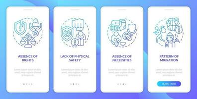 Main causes of contemporary slavery blue gradient onboarding mobile app screen. Walkthrough 4 steps graphic instructions with linear concepts. UI, UX, GUI templated vector