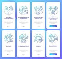 Inclusive development features blue gradient onboarding mobile app screen set. Walkthrough 4 steps graphic instructions with linear concepts. UI, UX, GUI templated vector