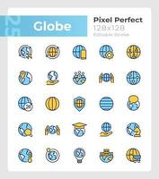 Globe pixel perfect RGB color icons set. World map. Planet friendly. Isolated vector illustrations. Simple filled line drawings collection. Editable stroke