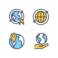 Travel around world pixel perfect RGB color icons set. International tourism. Planet map navigation. Isolated vector illustrations. Simple filled line drawings collection. Editable stroke