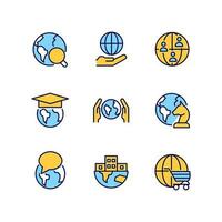 Global relationships pixel perfect RGB color icons set. International connections. World development. Isolated vector illustrations. Simple filled line drawings collection. Editable stroke