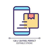Online delivery service pixel perfect RGB color icon. Order food on internet. Smartphone application. Isolated vector illustration. Simple filled line drawing. Editable stroke