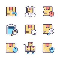 Logistics pixel perfect RGB color icons set. Parcels management. Orders distribution. Delivery. Warehouse. Isolated vector illustrations. Simple filled line drawings collection. Editable stroke