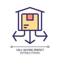 Distribution center pixel perfect RGB color icon. Warehouse with products. Orders management. Storehouse. Isolated vector illustration. Simple filled line drawing. Editable stroke