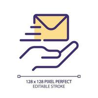 Send letter pixel perfect RGB color icon. Delivery service. Written communication. Receiver address. Isolated vector illustration. Simple filled line drawing. Editable stroke