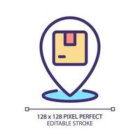 Deliver to location pixel perfect RGB color icon. Courier service. Parcel shipment to address. Recipient. Isolated vector illustration. Simple filled line drawing. Editable stroke