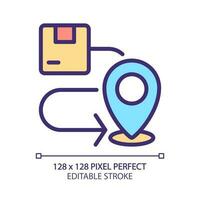 Delivery route pixel perfect RGB color icon. Parcel transportation. Shipping service. Navigation. Isolated vector illustration. Simple filled line drawing. Editable stroke