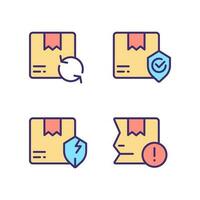 Delivery features and issues pixel perfect RGB color icons set. Parcel damage. Shipment failure. Insecure box. Isolated vector illustrations. Simple filled line drawings collection. Editable stroke