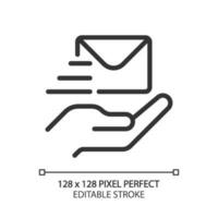 Send letter pixel perfect linear icon. Delivery service. Written communication. Receiver address. Thin line illustration. Contour symbol. Vector outline drawing. Editable stroke