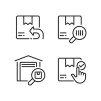 Parcels management pixel perfect linear icons set. Warehouse. Goods tracking. Distribution and delivery. Customizable thin line symbols. Isolated vector outline illustrations. Editable stroke