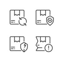 Delivery features and issues pixel perfect linear icons set. Parcel damage. Shipment failure. Insecure package. Customizable thin line symbols. Isolated vector outline illustrations. Editable stroke