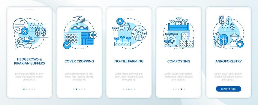 Regenerative agriculture techniques blue onboarding mobile app screen. Walkthrough 5 steps editable graphic instructions with linear concepts. UI, UX, GUI templated vector