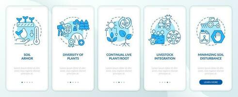 Principles of regenerative farming blue onboarding mobile app screen. Walkthrough 5 steps editable graphic instructions with linear concepts. UI, UX, GUI templated vector