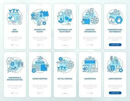 Regenerative agriculture blue onboarding mobile app screens set. Walkthrough 5 steps editable graphic instructions with linear concepts. UI, UX, GUI templated vector