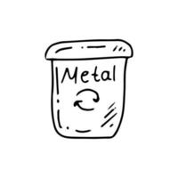 Monochrome doodle trash container for metal. Segregate waste, sorting garbage, waste management. Vector outline  illustration.