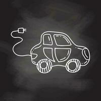 Doodle electro car. Vector illustration on chalkboard background. Isolated sketch. Icon in hand drawing design style.