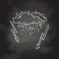 Simple sketch line style element. Doodle cute ink pen cloud with rain and lightning on chalkboard  background. Eco concept. vector