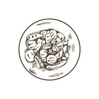 Organic food. Hand drawn vector sketch of plate of grilled vegetables. Doodle vintage illustration. Decorations for the menu of cafes and labels. Engraved immage.