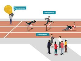 The difference between wantrepreneur, entrepreneur, and valuepreneur in a race competition. Different action taken for success. vector