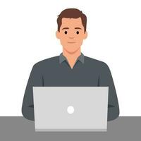 Young business man working with his laptop in the office or home, employee, freelancer. vector