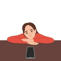 Unhappy young woman feel frustrated looking at cellphone waiting for call or message. Upset confused girl distressed with missing notification on smartphone. vector