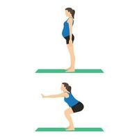 ejercicio para embarazada mujer. deporte durante el embarazo. idea de activo y sano estilo de vida. ponerse en cuclillas. vector