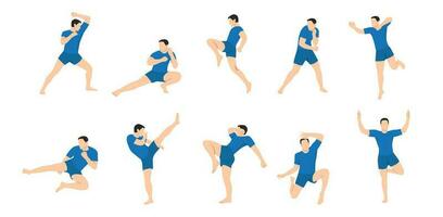 Set of Muay Thai character in different poses. Martial arts fighter. vector