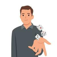 Man throws dice inviting you to visit casino and try your luck at roulette with big cash prize. vector