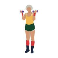 anciano mujer haciendo ejercicios con pesas rutina de ejercicio a hogar. vector