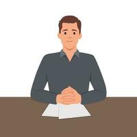 Confident male job candidate hold CV with all filled form application. Successful man work applicant show excellent experience at interview. vector