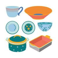 A set of kitchen utensils, a saucepan, a baking dish, a mug, a plate, a bowl, a baking dish. vector