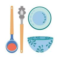 A set of kitchen utensils, a spoon, a ladle, a plate, a bowl. vector