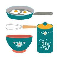 A set of kitchen utensils, a sugar jar, a whisk, a bowl, frying pan. vector