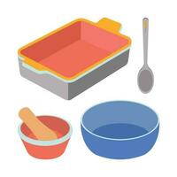 A set of kitchen utensils, a spoon, a bowl, a mortar and pestle, a baking dish. vector