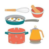 A set of kitchen utensils, a saucepan, a kettle, a whisk, a mortar and pestle, frying pan. vector