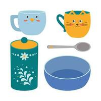 A set of kitchen utensils,  a spoon, a mug, a sugar jar, a plate, a bowl. vector