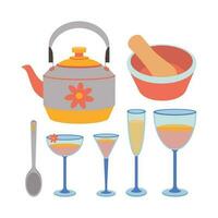 A set of kitchen utensils, a spoon, a kettle, a mortar and pestle,  glasses. vector