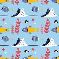 Pattern on a marine theme with stingray, fish, shell, seaweed, ornament. vector