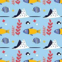 Pattern on a marine theme with stingray, fish, shell, seaweed, ornament. vector