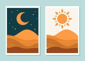 set of abstract vector boho sun and moon wall decoration desert style poster minimalist design background cover wallpaper print