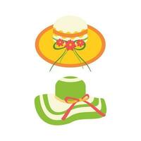 Beach hats with flowers on a ribbon. Beach set for summer trips. Vacation accessories for sea vacations. vector