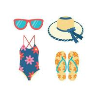 Inflatable circle in the shape of a unicorn, slippers, flip-flops, the swimsuit is separate, beach chair, sunbed, umbrella. vector