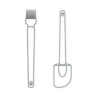 Dishes. A set of kitchen spatula for turning food and kitchen brush. Line art. vector